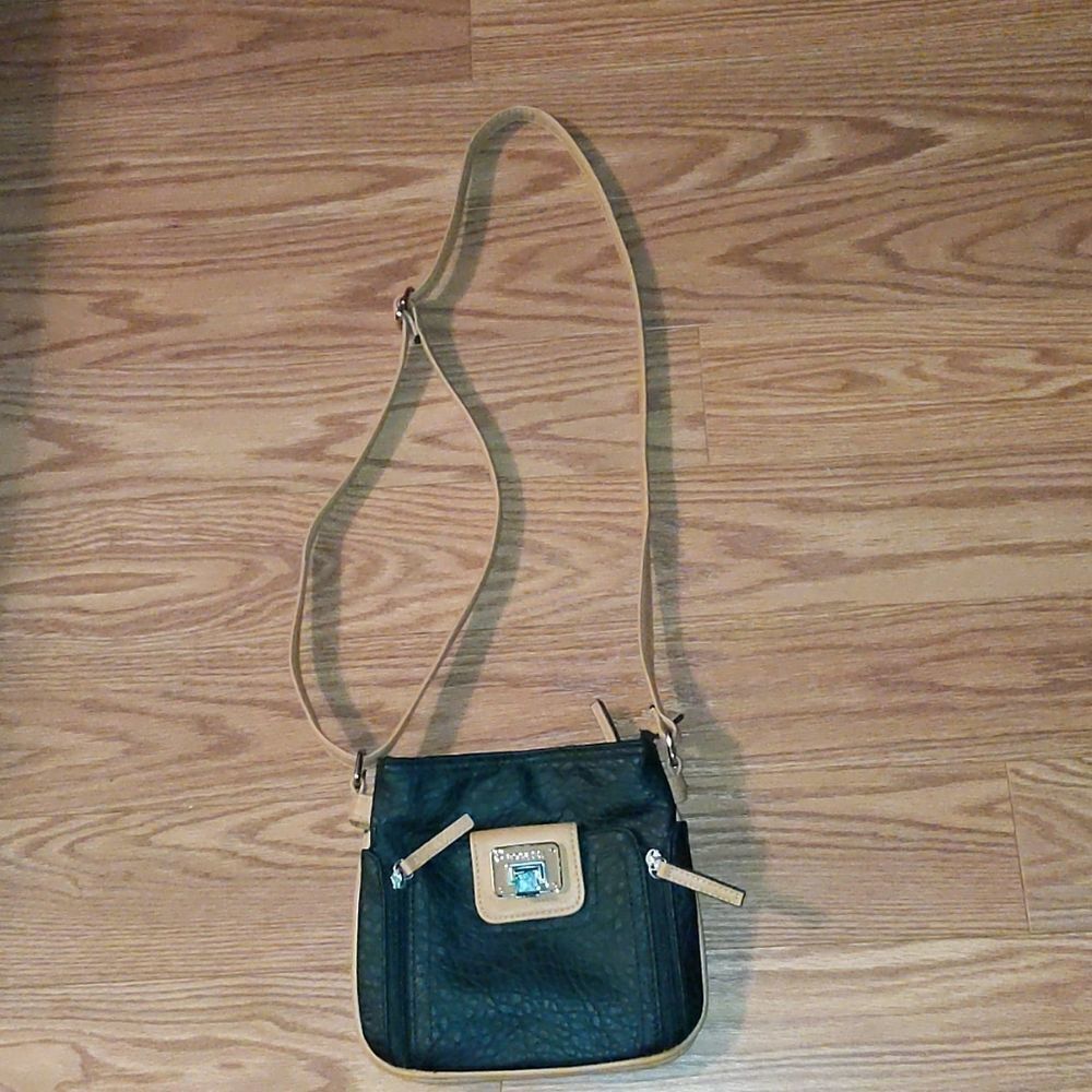 Rosetti Women’s Mini Black  Tan Faux Leather Crossbody Bag Front Wallet